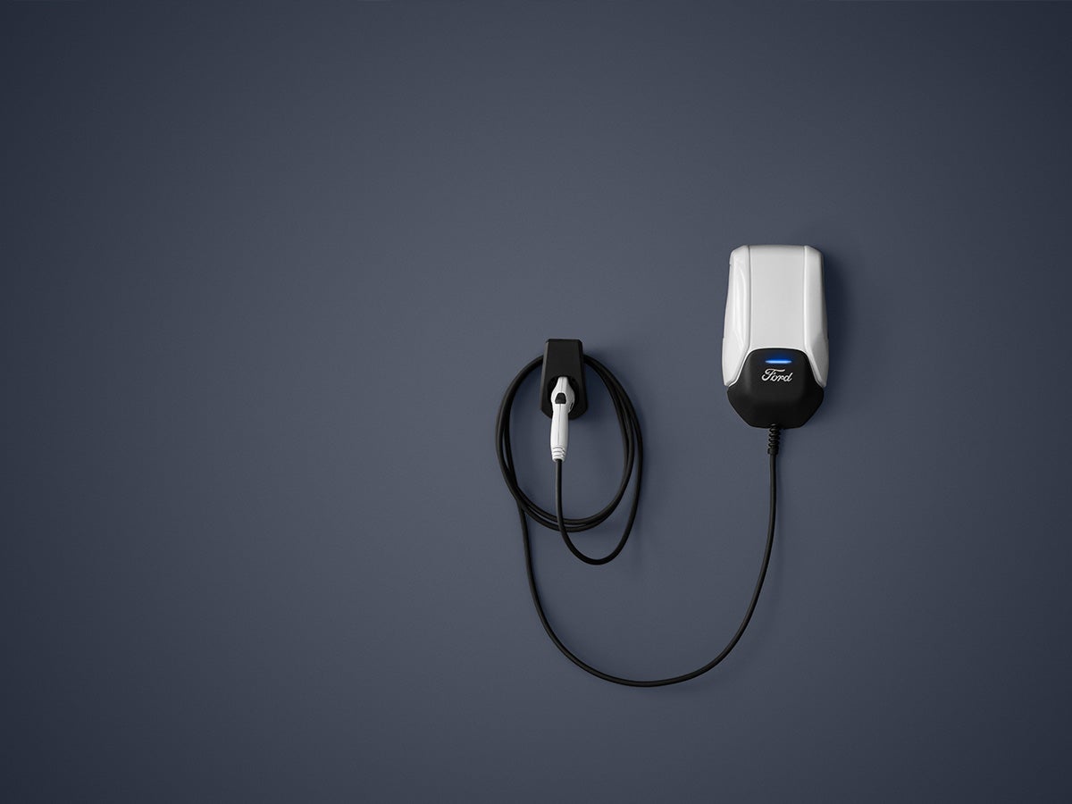 A wall-mounted Ford Connected Charge Station.